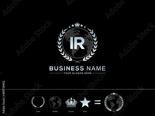 Abstract IR Letter Logo, Monogram ir Vector Logo Icon with Unique circle Leaf Globe Royal Crown Star Design for your company