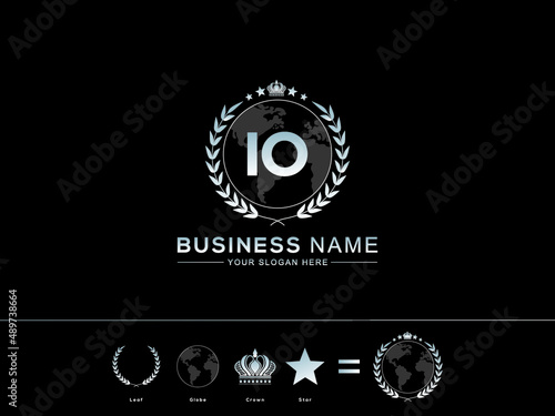 Abstract IO Letter Logo, Monogram io Vector Logo Icon with Unique circle Leaf Globe Royal Crown Star Design for your company