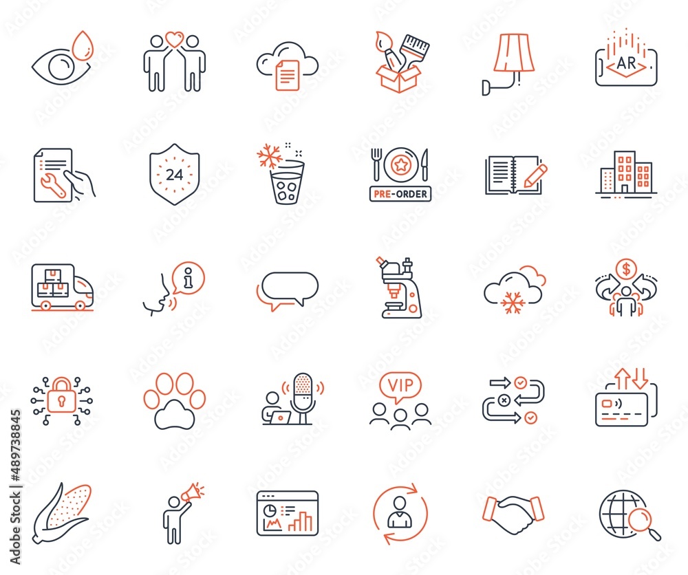 Business icons set. Included icon as Person info, Delivery truck and Corn web elements. Microscope, Repair document, Buildings icons. Seo statistics, Messenger, Security lock web signs. Vector Business icons set. Included icon as Person info, Delivery truck and Corn web elements. Microscope, Repair document, Buildings icons. Seo statistics, Messenger, Security lock web signs. Vector