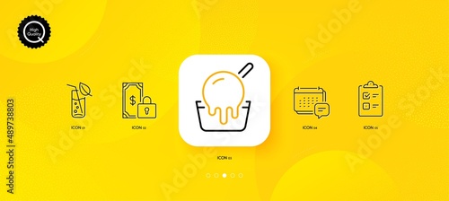 Ice cream, Private payment and Message minimal line icons. Yellow abstract background. Water glass, Checklist icons. For web, application, printing. Vector