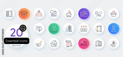 Simple set of Intersection arrows, Buildings and Brush line icons. Include Open box, Construction document, Construction building icons. Lighthouse, Lift, Home web elements. Push cart. Vector