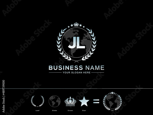 Letter JL logo icon, Creative jl Letter with circle Leaf Globe Royal Crown and Star Logo For Business photo