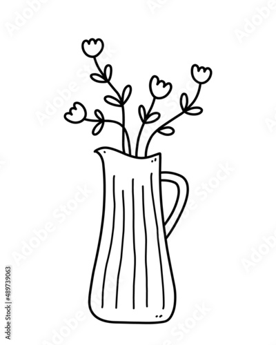 Cute flowers in vase isolated on white background. Vector hand-drawn illustration in doodle style. Perfect for cards, decorations, logo.