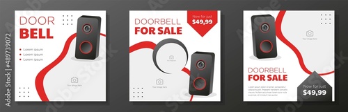 Camera doorbell for sale social media post, banner set, home security door bell advertisement concept, ringing video camera protection marketing square ad, abstract print, isolated on background