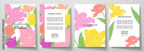 Romantic spring cover and frame page design set with multi color tulip flower bouquet. Exotic vector background pattern for wedding invitation, menu, summer sale, holiday poster
