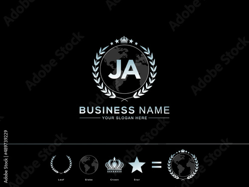 Letter JA logo icon, Creative ja Letter with circle Leaf Globe Royal Crown and Star Logo For Business photo