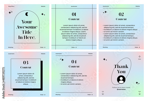Microblog carousel slides template for instagram or social media. Six pages with aesthetic gradient background and blue, green, pink colors theme.