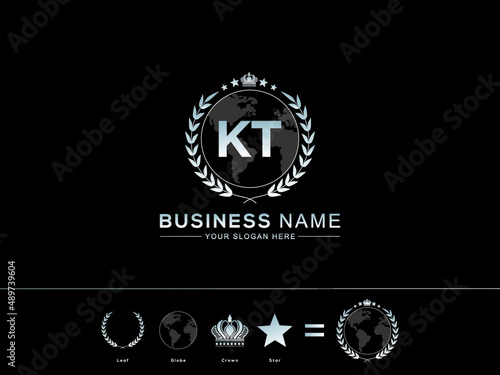 KT kt letter logo design, Premium monogram letter kt initials logotype and New circle Leaf Globe Royal Crown with Star Logo Design