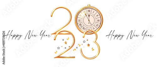 Happy 2023 New Year Elegant Christmas congratulation with 3D realistic gold metal text