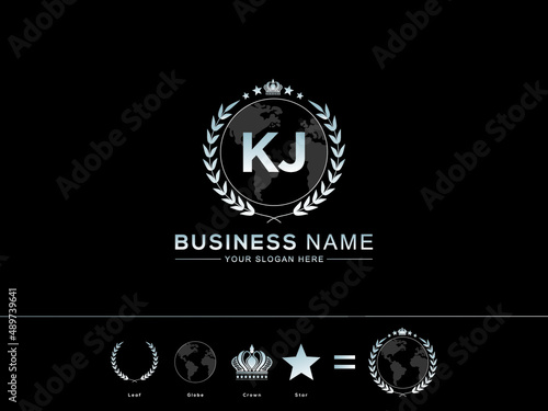 KJ jk letter logo design, Premium monogram letter kj initials logotype and New circle Leaf Globe Royal Crown with Star Logo Design photo