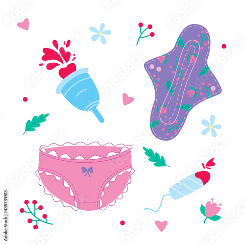 Vector sticker set of menstruation period. Varios female hygiene products.