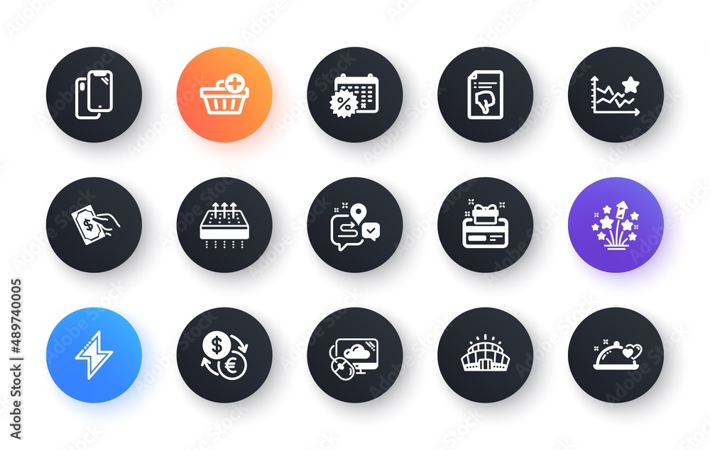 Minimal set of Add purchase, Cloud computing and Breathable mattress flat icons for web development. Energy, Pay money, Journey icons. Fireworks stars, Smartphone, Arena stadium web elements. Vector Minimal set of Add purchase, Cloud computing and Breathable mattress flat icons for web development. Energy, Pay money, Journey icons. Fireworks stars, Smartphone, Arena stadium web elements. Vector