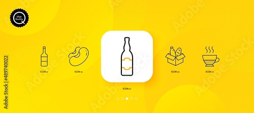 Doppio, Food donation and Beans minimal line icons. Yellow abstract background. Beer bottle, Wine icons. For web, application, printing. Coffee drink, Charity meal, Vegetarian seed. Craft beer. Vector
