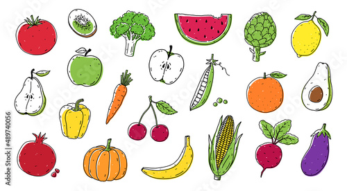 Set of fruits and vegetables - corn, broccoli, beetroot, tomato, carrot, avocado, apple, pear, lemon, banana, orange and others. Organic healthy food. Vector hand-drawn illustration in doodle style.