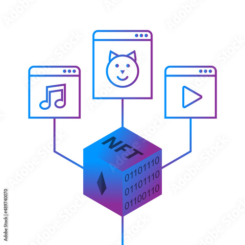 NFT technology and crypto art concept with blockchain, cryptocurrency and binary code symbol