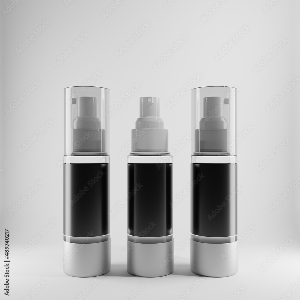 three bottles spray with blank label a front view 3d render three bottles spray with blank label a front view 3d render