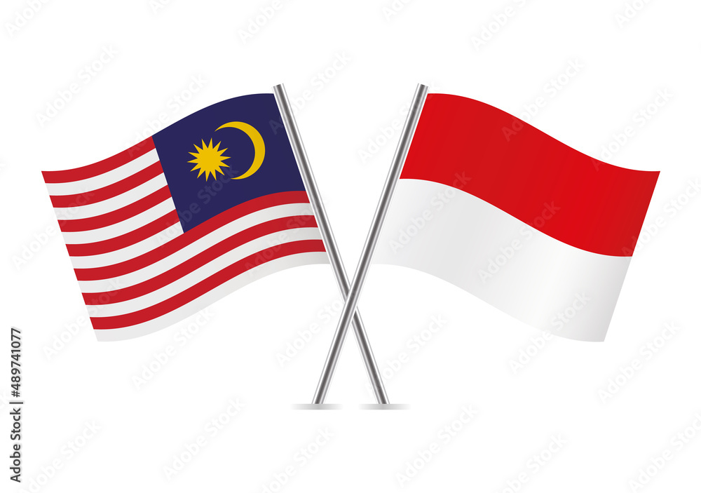 Malaysia and Indonesia crossed flags. Malaysian and Indonesian flags, isolated on white background. Vector icon set. Vector illustration.