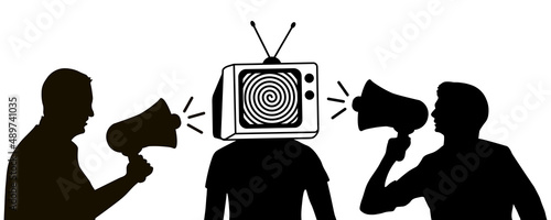 Information war. Two men speak information into  loudspeakers to third man with excess of information. Vector illustration