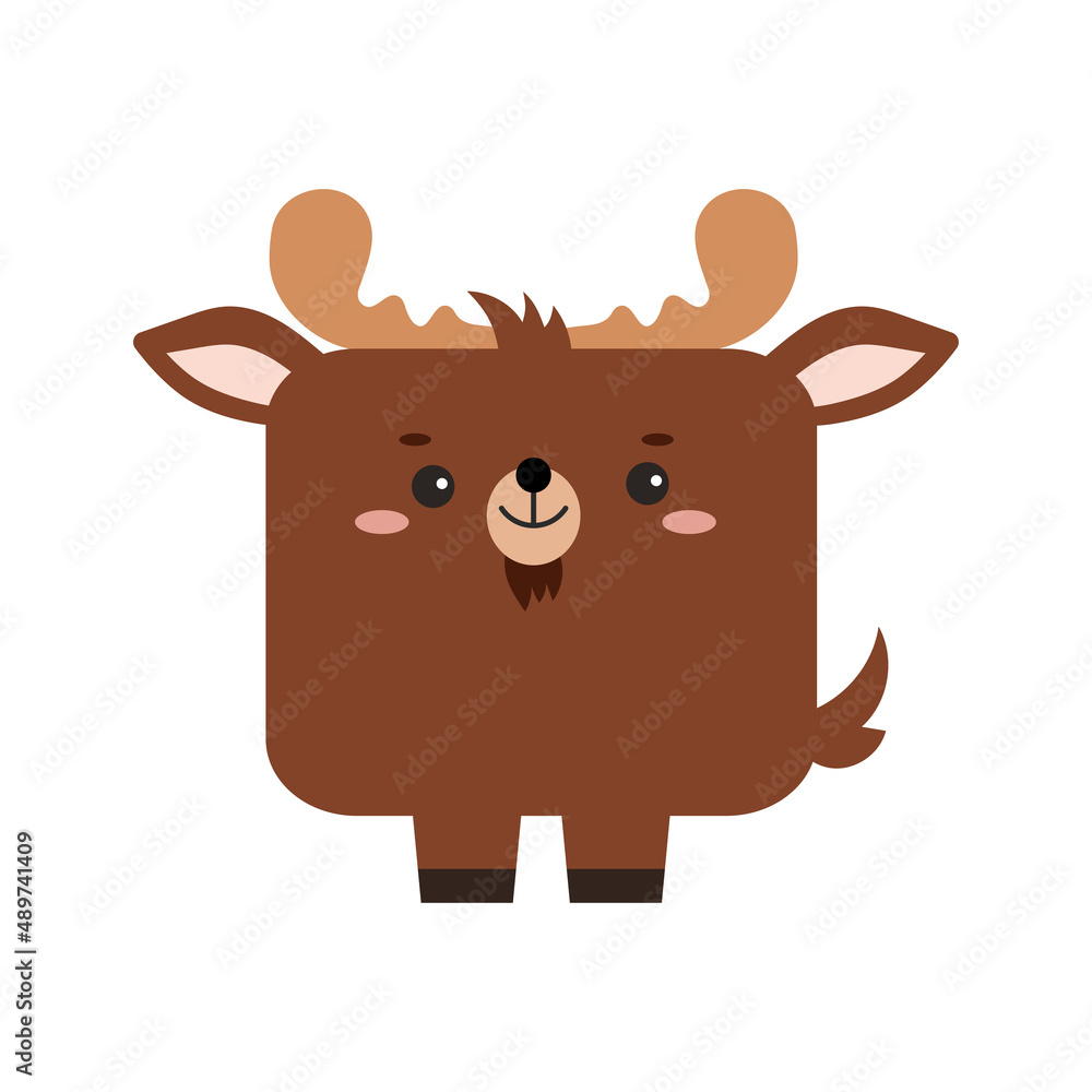Square elk forest animal face with paws icon isolated on white background. Cute moose cartoon square shape kawaii kids avatar character. Vector flat clip art illustration mobile ui game application.