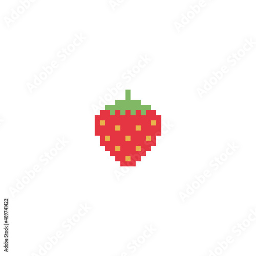 Strawberry icon or sign isolated on white background, Vector illustration pixel art. 8 bit, red, berry, fruit, retro, symbol, video game, food. © Octavio
