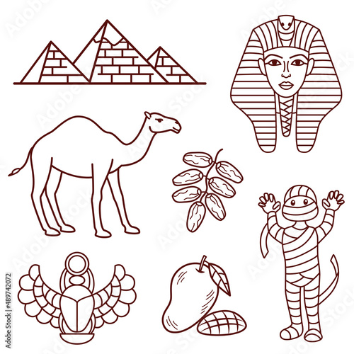 Set of vector icons of egyptian sights, travel symbols of Egypt in outline style, line art illustration of egyptian tourist landmarks