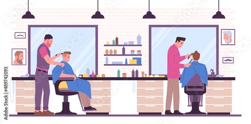 Barbershop interior. Hair salon. Beauty studio with professional tools and mirrors. Gentlemen characters sitting in armchairs. Barbers haircutting and making hairstyles. Vector concept