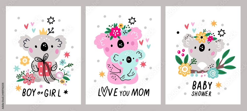 Cute koala greeting cards. Australian bears in flowers with baby text. Mom and kids characters. Funny mammals family. Nature creatures with eucalyptus and gifts. Vector jungle animals set Cute koala greeting cards. Australian bears in flowers with baby text. Mom and kids characters. Funny mammals family. Nature creatures with eucalyptus and gifts. Vector jungle animals set