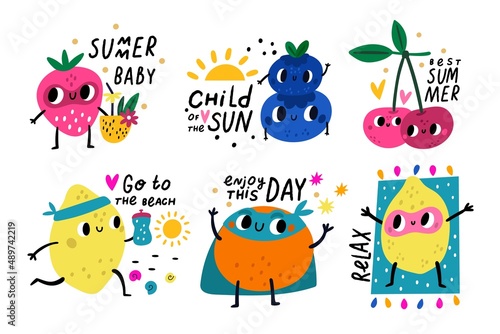 Cute fruits characters emblems. Funny stickers with lettering. Juicy labels with summer text. Lemons and berries. Superhero orange. Strawberry with cocktail. Vector food mascots set