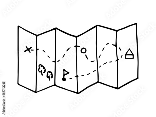 Hand drawn doodle paper map. Vector black and white folded map. Outline.