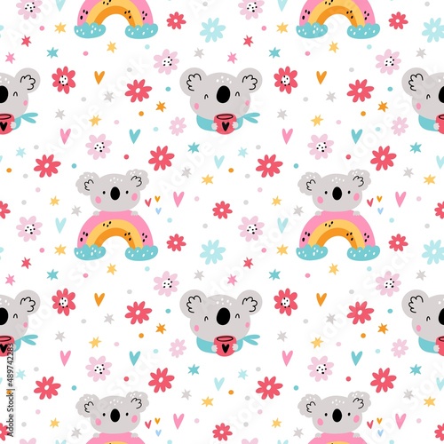 Cute koala seamless pattern. Funny Australian bears on rainbows. Happy marsupial animals with cups. Cartoon print with flowers and wild mammals. Childish wallpaper. Vector background