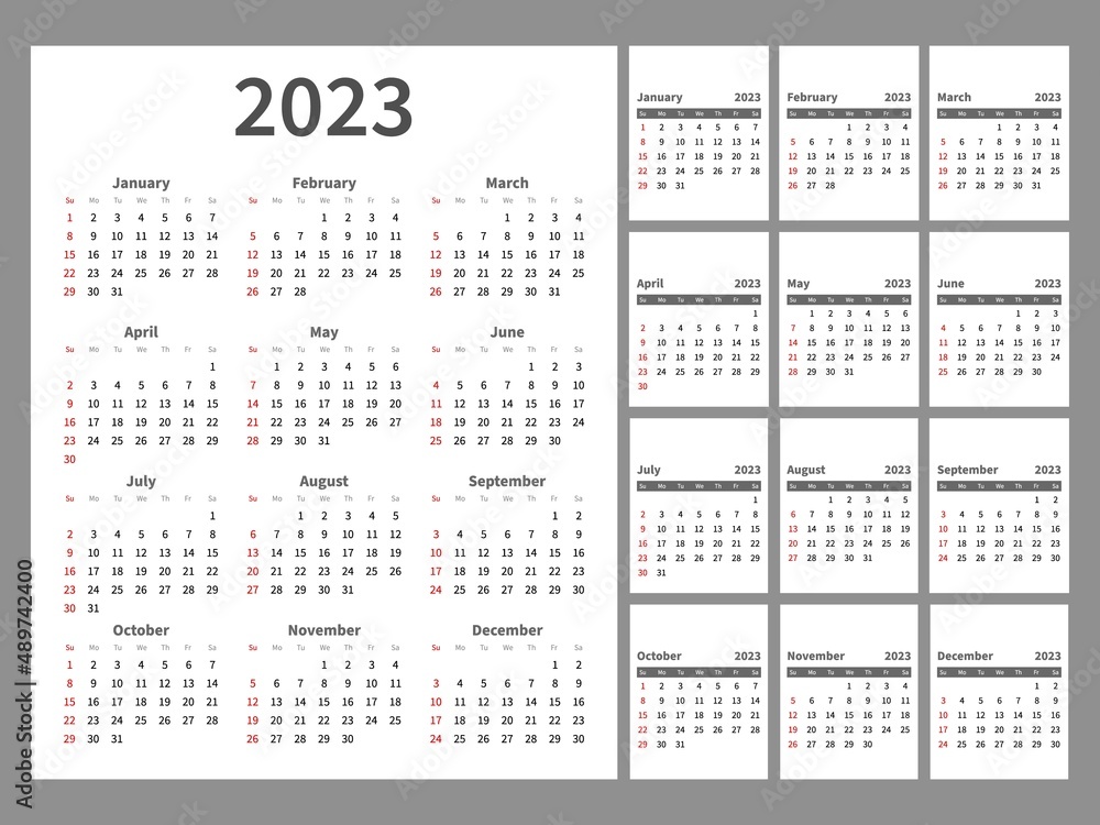 Desk calendar pages. Simple monthly layout. Trendy minimalist style. Wall vertical 2023 year planner. Numbers and English text. Annual week planning. Vector months organizer sheets set
