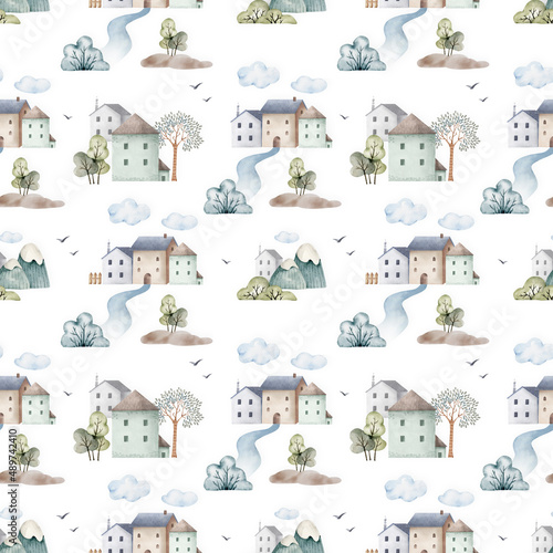 Watercolor seamless nature pattern with houses and clouds. This is an illustration for the design of a children s room and a postcard  hand-colored.