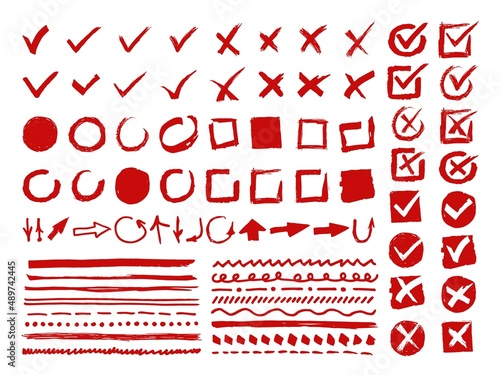 Doodle check mark and underline signs. Hand drawn red arrows, crosses and circles. Checklist and vote silhouette icons. Dividers and directional symbols. Vector grunge sketch markers set