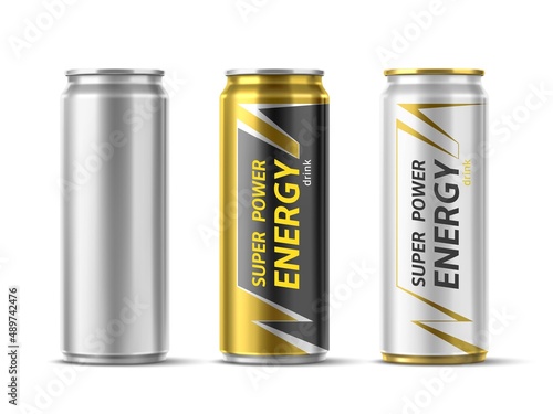 Energy drink can design. Realistic disposable metallic beverage containers. Different colors aluminum packaging mockup. Isolated 3D blank metal bottle. Vector white and black packages set