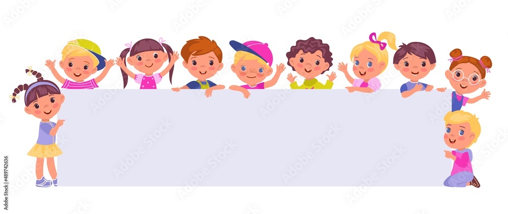 Kids holding big poster. Funny children hold long blank banner. Place for messages. Boys and girls with empty placard. Rectangular billboard template. Preschool activists. Vector concept Kids holding big poster. Funny children hold long blank banner. Place for messages. Boys and girls with empty placard. Rectangular billboard template. Preschool activists. Vector concept