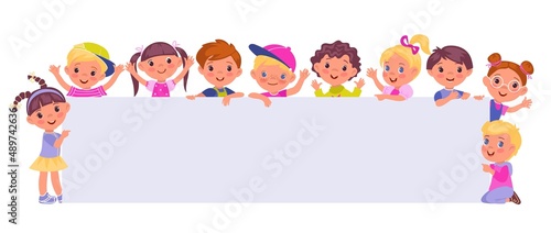Kids holding big poster. Funny children hold long blank banner. Place for messages. Boys and girls with empty placard. Rectangular billboard template. Preschool activists. Vector concept