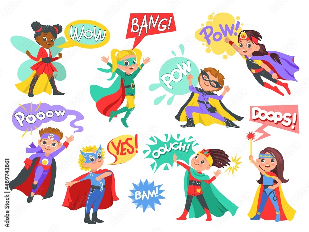 Super kids with comic speech bubbles. Children with color capes and masks. Funny brave boys and girls characters in costumes. Superheroes standing in heroic poses. Vector young heroes set