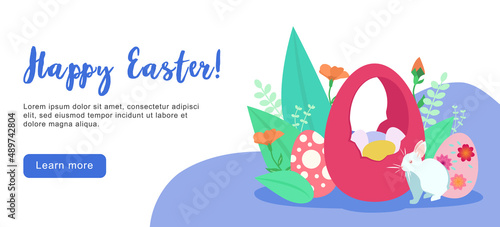 Happy Easter scene with families, kids. Easter street event, festival and fair, banner, poster design. Editable vector illustration