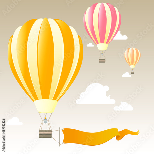 The balloon. Vector balloon with a balloon flag and clouds on a delicate background. Vector illustration.