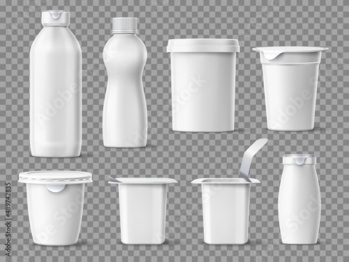 Realistic yogurt package. 3D white plastic containers for dairy products. Milk desserts jars and bottles mockups for branding. Different size and shape. Vector isolated food packaging set