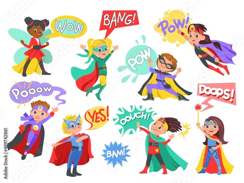 Super kids with comic speech bubbles. Children with color capes and masks. Funny brave boys and girls characters in costumes. Superheroes standing in heroic poses. Vector young heroes set