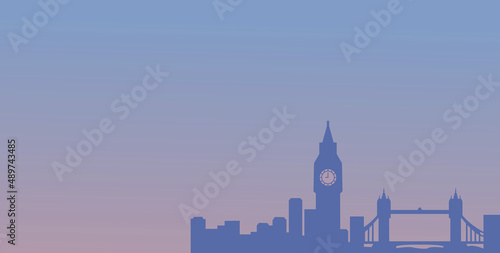 city background with objects like bridges and big bang clock. city background in dark purple color. silhouette background resembling the city of london