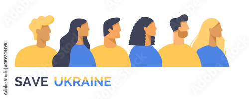 Save Ukraine. People against the war. Vector male and female Ukrainian characters. For peace and freedom. Cartoon illustration i nflat design. 