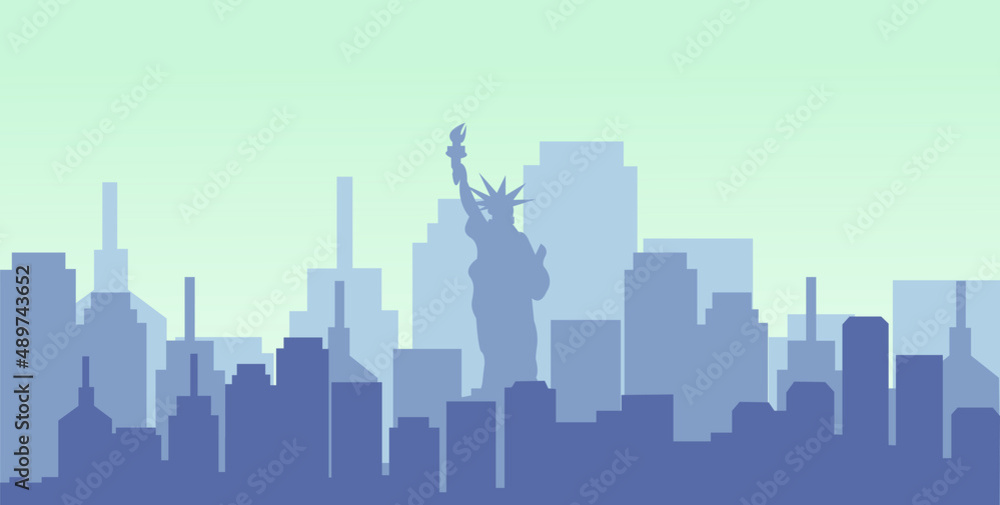 silhouette background resembling new york city in the morning with the silhouette of the statue of liberty. background with light blue colo