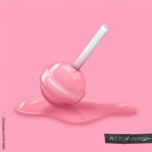 Realistic pink glossy melted candy on a stick, lollipop in caramel puddle. Look like 3d rendering. Vector illustration for card, party, design, flyer, poster, decor, banner, web, advertising.