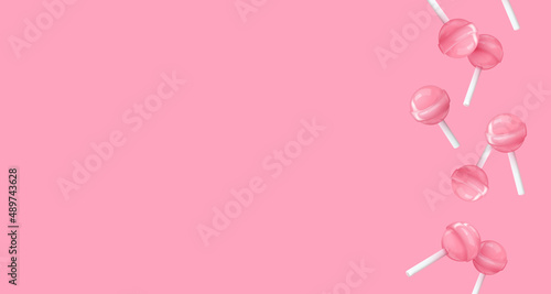 Banner with realistic falling pink glossy candies on a stick, lollipop. Look like 3d rendering. Vector illustration for card, party, design, flyer, poster, decor, banner, web, advertising.