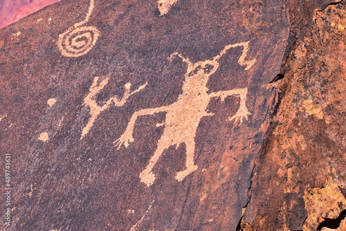 Petroglyphs Rock Paintings St George Utah on Land Hill from Ancestral Puebloan and Southern Paiute Native Americans thousands of years old on Sandstone. USA. photo