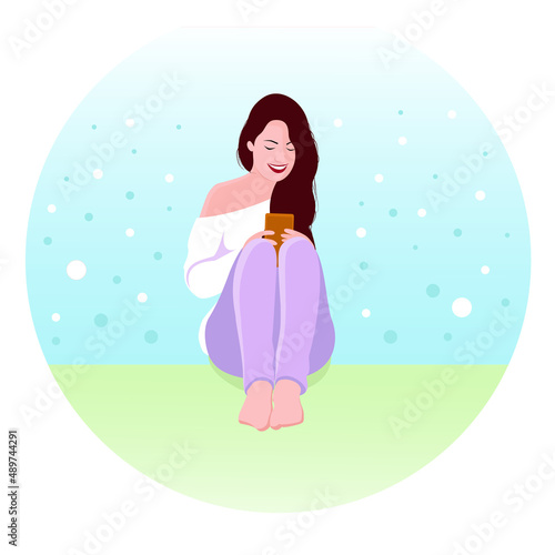 A young woman is sitting and holding a mobile phone in her hands. Vector illustration.