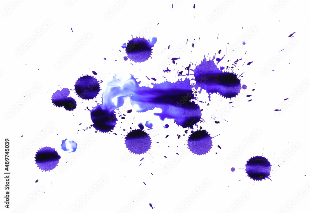Blue ink splashes and drops isolated on white with clipping path, top view Blue ink splashes and drops isolated on white with clipping path, top view