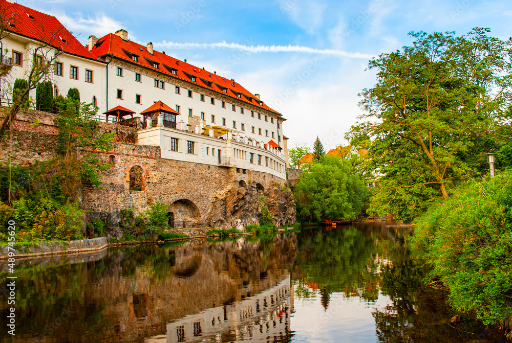 Chesky Krymlov, Czechia - May 4, 2018: View of  historic Centre of medieval town Český Krumlov in South Bohemia region of Czech republic ,  famous for its outstanding architecture. 